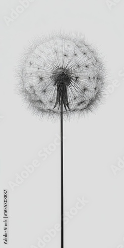 Wallpaper Mural Monochrome close-up of a dandelion seed head, showcasing its delicate, wispy structure atop a slender, dark stem against a muted gray background Torontodigital.ca