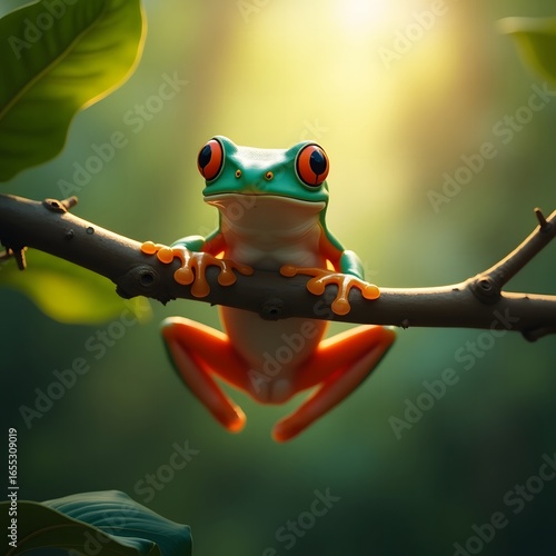 Javan tree frog on aitting on branch, flying frog on branch, tree frog on branch