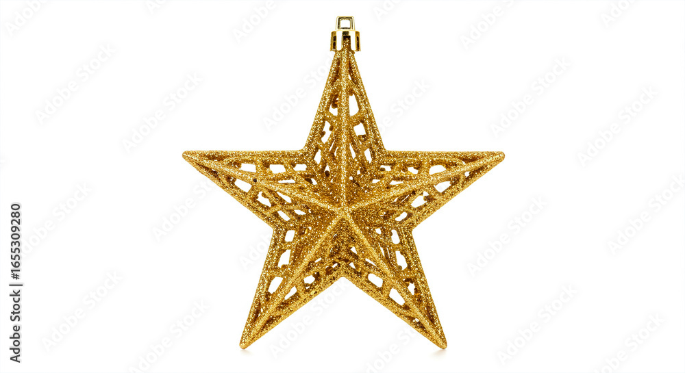 Obraz premium A gold glitter Christmas star ornament isolated on a white background.