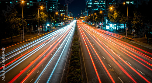 Long-exposure shot of car light trails on a city street at night