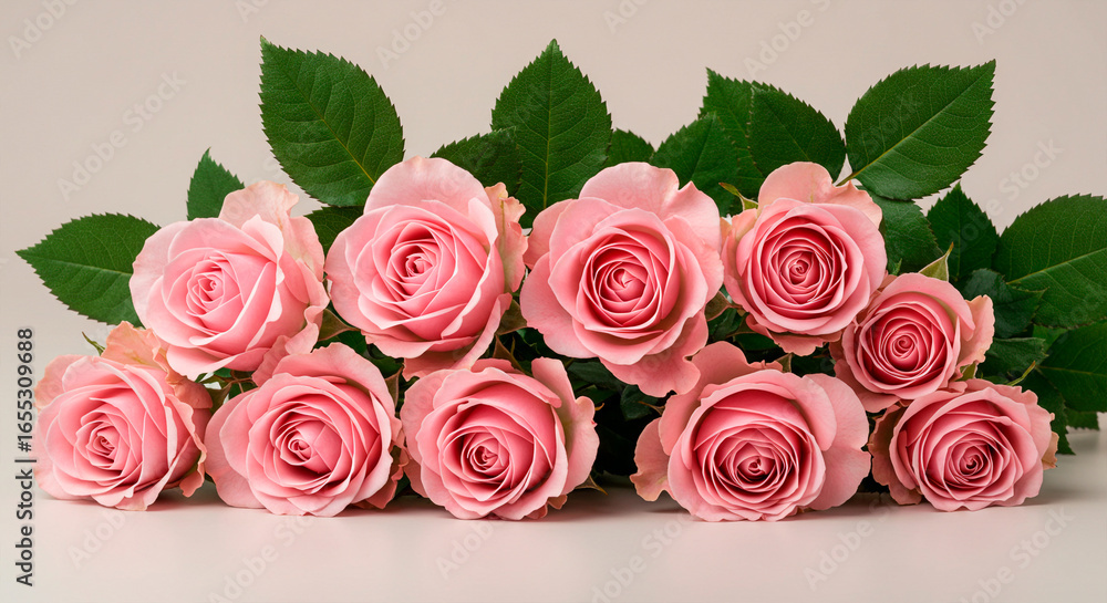 Obraz premium A beautiful horizontal arrangement of a bouquet of pink roses with green leaves on a soft light background