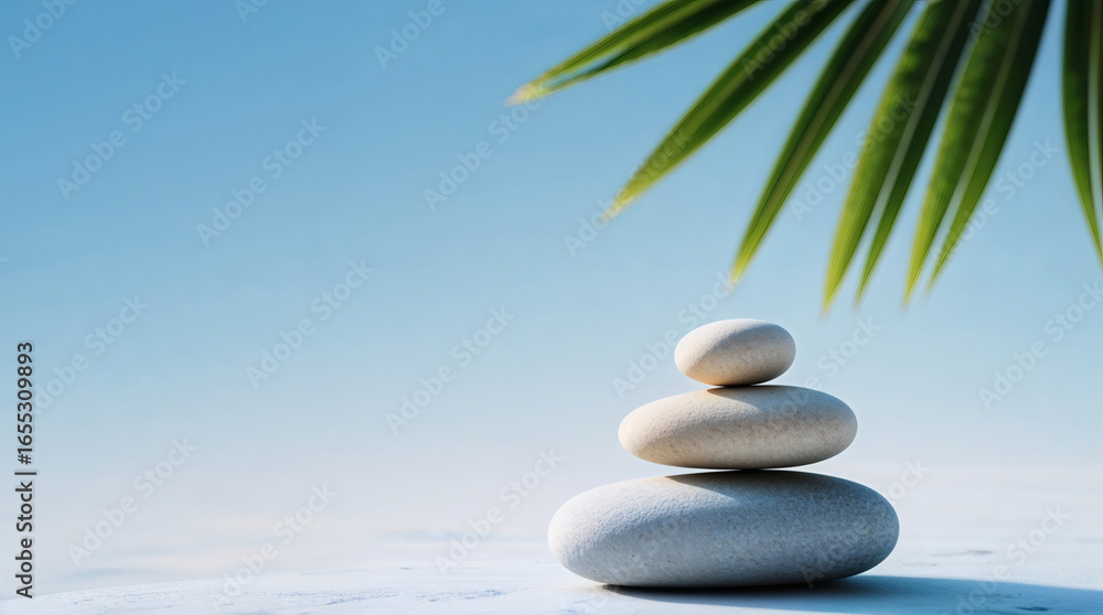 Minimalist composition featuring three smooth stones stacked in balance against a soft blue background, with a green palm leaf framing the scene, symbolizing tranquility and harmony. Minimalist composition featuring three smooth stones stacked in balance against a soft blue background, with a green palm leaf framing the scene, symbolizing tranquility and harmony.