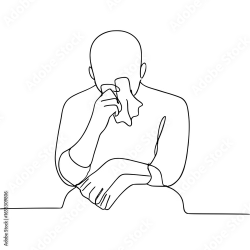 Single line drawing of a person wiping eyes with a handkerchief
