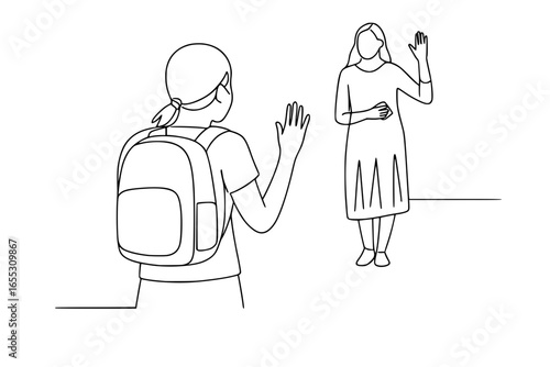 Simple Line Art of Student Waving Goodbye to Adult Figure
