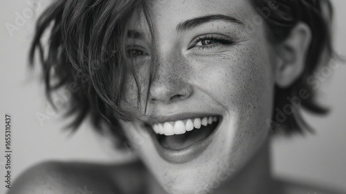 Radiant Joyful Expression in Monochrome Portrait