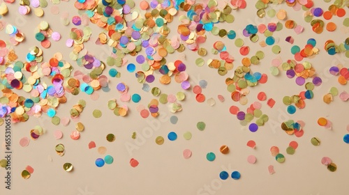 Colorful confetti scattered on a cream-colored surface, creating a festive and cheerful display