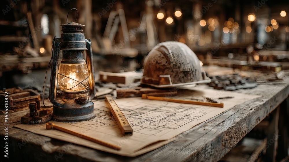 Architectural blueprints and drafting tools on a wooden desk, evoking a professional construction workspace. Architectural blueprints and drafting tools on a wooden desk, evoking a professional construction workspace.