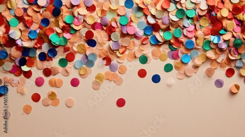 Colorful circular confetti scattered on a soft beige background, top view, celebrating