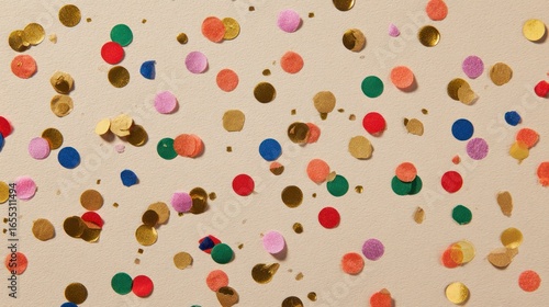 Scattered, colorful paper circles on a beige surface, viewed from directly above