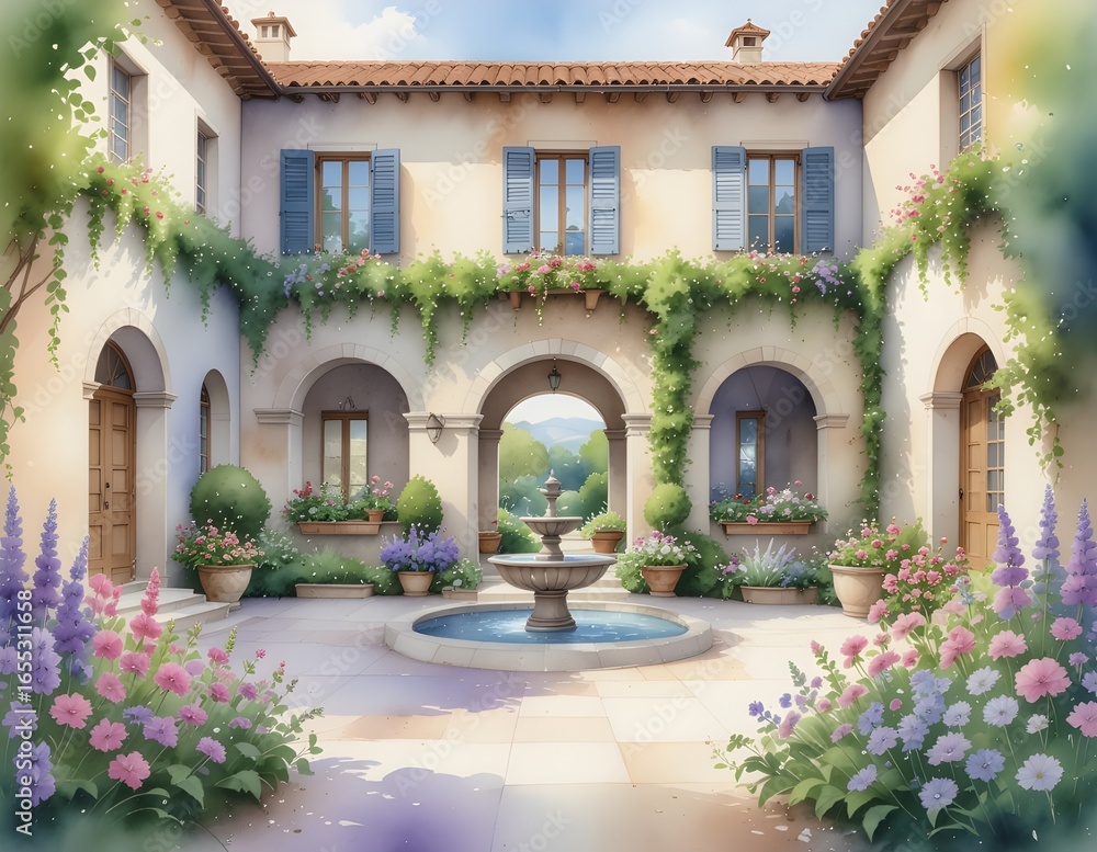 Fototapeta premium Serene Italian Courtyard Tranquil Fountain and Lush Gardens