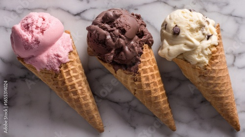 Three ice cream cones on a marble surface, showcasing delicious flavors in an overhead view.