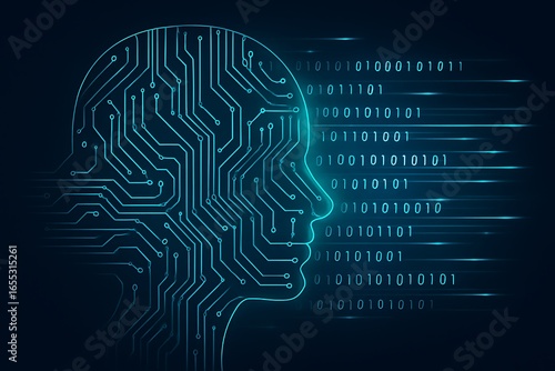 Artificial intelligence concept featuring a digital brain with electronic circuits and binary code representing neural networks and advanced technology for futuristic designs