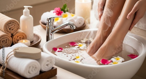 Steaming foot soak with floating flower petals and rolled towels in a spa setting