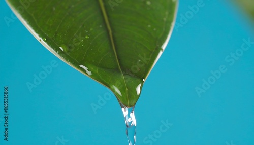 Water drips from a vibrant green leaf against a bright azure backdrop, showcasing nature's delicate beauty.