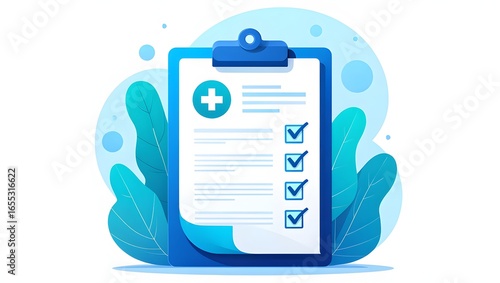 Medical document. Medical checklist. Flat design illustration of Patient test results document. Green checkers.