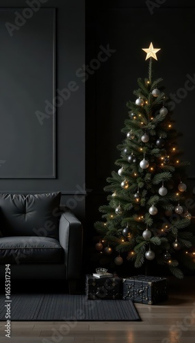 Sleek black furniture, minimalist Christmas decor, dramatic lighting, aesthetic, glow