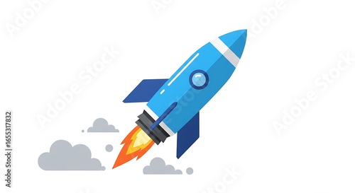 Blue Rocket Ship Launching, Flat Design, Upward Movement, Startup Success, Positive Energy, Vector Illustration