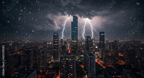 Wallpaper Mural Dramatic Night Cityscape: Lightning Storm, Rain, Urban Skyline, Dark Mood Torontodigital.ca