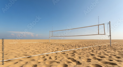 Beach volleyball net with empty court, blue sky, crisp details.