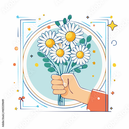 Hand Holding Bouquet Of Daisies