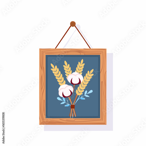 Wooden Framed Wall Art With Wheat And Cotton Bouquet