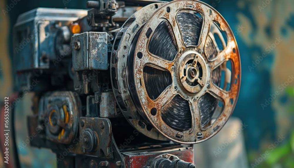 Obraz premium Vintage Outdoor Cinema Features Old Rusty Analog Rotary Film Movie Projector For A Retro Movie Watching Experience.