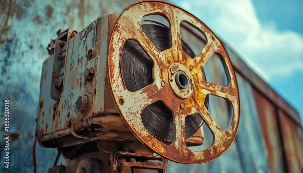 Obraz premium Vintage Outdoor Cinema: The Vintage Analog Rotary Film Projector On Display, Showing Signs Of Age And Rust. Enjoy A Classic Movie Experience.