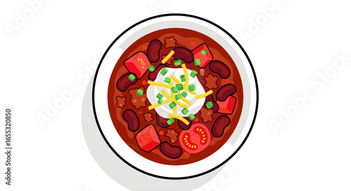 Vibrant Chili Bowl Illustration with Creamy Topping and Colorful Garnishes Depicting Warm Comfort Food and Culinary Delight in Eye-Catching Detail
