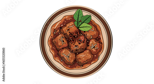 Stewed Delight: A vibrant illustration of savory meat cubes in a rich sauce displayed in circular dish with fresh garnishing accents, presented in a