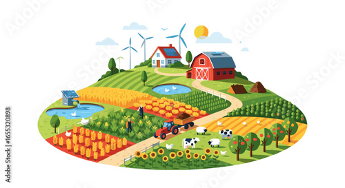 A sustainable agriculture concept showcasing eco-friendly farming practices and renewable energy sources integrating nature with modern agricultural