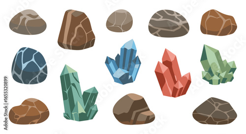 Cartoon Illustration of Rocks and Crystals in Various Colors and Textures Displayed on a White Backdrop