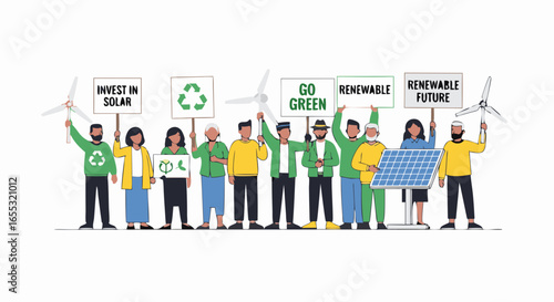 Diverse group demonstrating for a sustainable and eco-friendly future with clean energy solutions like wind and solar 85 characters