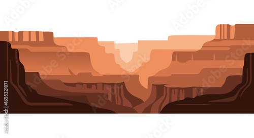 Layered canyon landscape with warm earth tones in a stylized flat vector illustration displaying depth and geographic grandeur