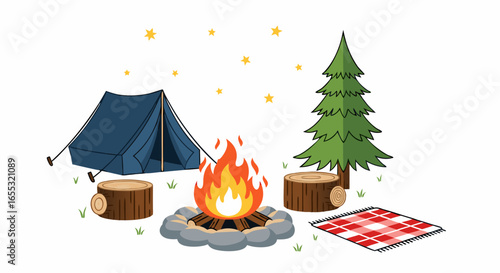 Cozy cartoon campsite scene featuring a tent, campfire, pine tree, and picnic blanket under a star-filled sky creates a serene outdoor ambiance
