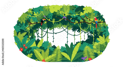 Lush Tropical Jungle Illustration with Vibrant Exotic Birds and Dense Green Vegetation
