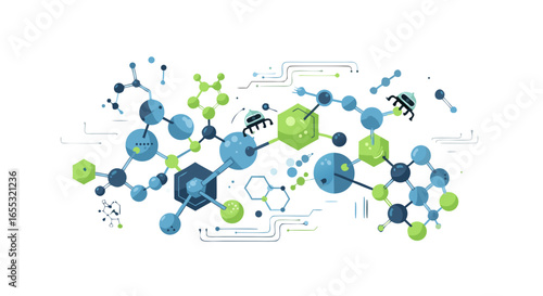 Stylized molecular structure illustration displaying interconnected elements and pathways showcasing scientific research with circuit board inspired