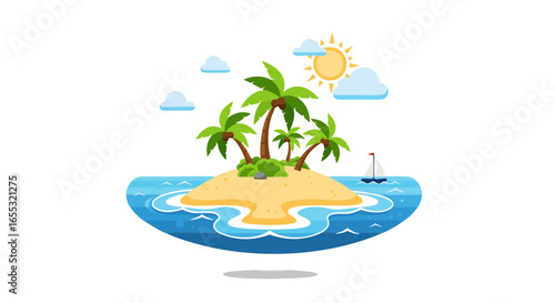 Tropical Island Getaway: A Tranquil Scene of Palm Trees, Sandy Beach, and Sailboat, Perfect for Vacation Dreaming