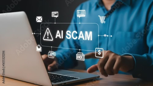 Concept of an AI scam being revealed by a person working on a laptop. Data security breach online, digital crime and data theft concept.