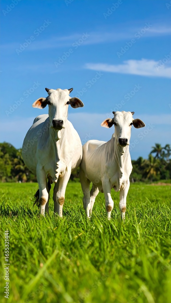 Fototapeta premium Two white cows in a grassy field under a clear blue sky (1)