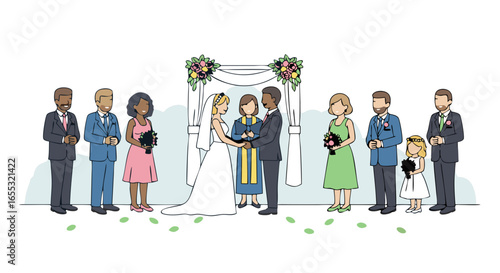 Diverse Wedding Ceremony Illustration with Attendants and Floral Arch, Capturing Joyful Union in a Modern Style