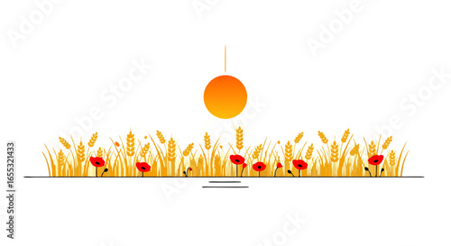 Stylized wheat field with red poppies and sun, evoking rural landscape serenity