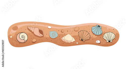 A Diverse Collection of Shells Resting Peacefully on a Sandy Patch Depicted in a Detailed Cartoon Style