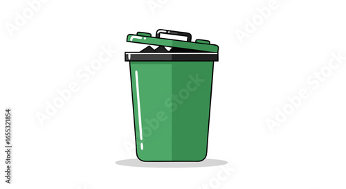 Vibrant green refuse container, partially open lid displaying dark interior content, clean design for waste management solutions illustration