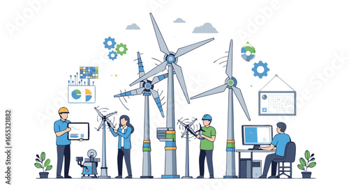 Wind energy infrastructure design and maintenance illustration portraying engineers in wind farm sustainable development planning and operational