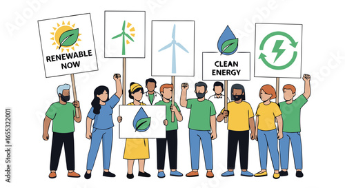 Diverse group advocating for clean energy with renewable resources banners and raised fists for sustainable future energy policy and green power