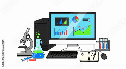 Scientific Research and Data Analysis on Computer with Laboratory Equipment Depiction
