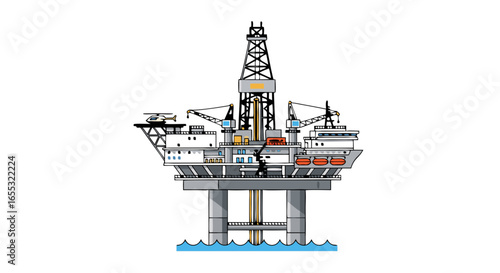 Stylized oil platform illustration showcasing energy infrastructure and industrial operation at sea location
