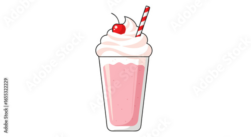 Delightful strawberry milkshake with creamy swirl topping and a festive striped straw, a sweet treat isolated on a clean white backdrop