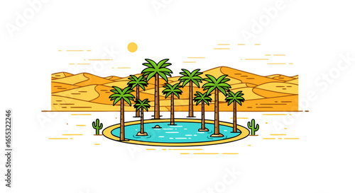 Desert Oasis Illustration with Palm Trees and Pool Amidst Sandy Dunescape in Minimalist Style