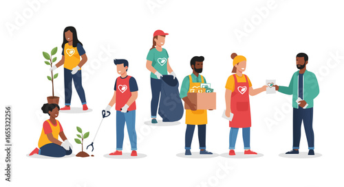 Diverse Community Volunteers Engaging in Various Charitable Activities with Empathy and Dedication